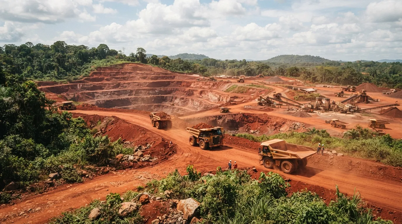 Mine de bauxite à ciel ouvert en Guinée, où la latérite rouge contraste avec la végétation tropicale environnante
