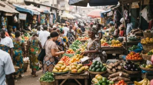 Étals de fruits et légumes sur un marché de Conakry, où les ménages effectuent la majorité de leurs achats alimentaires quotidiens