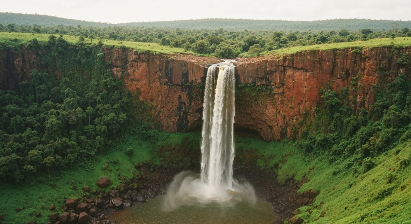 Une cascade du Fouta-Djalon se jette dans un bassin entouré de végétation tropicale, sur les hauteurs du massif guinéen