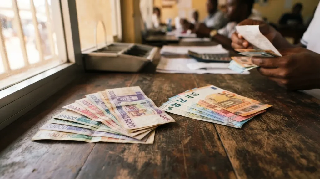 Billets de francs guinéens et euros sur le comptoir d'un bureau de change à Conakry