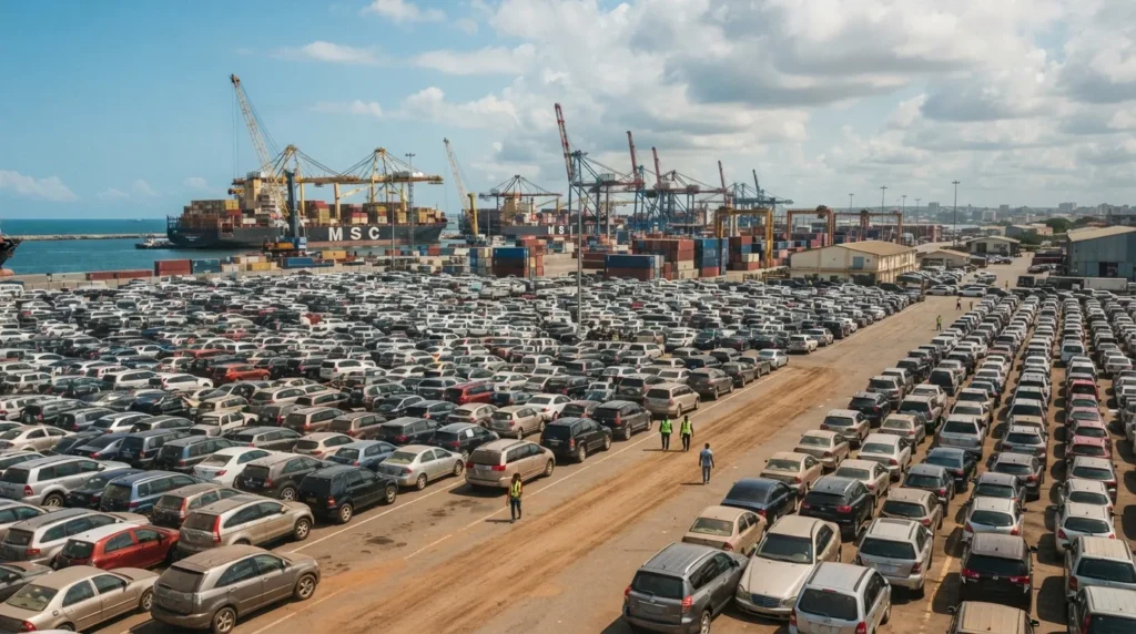Véhicules d'occasion en attente de dédouanement dans la zone portuaire de Conakry