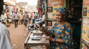 Un point de retrait mobile money dans un marché de Conakry, principal canal d'accès aux services financiers pour des millions de Guinéens