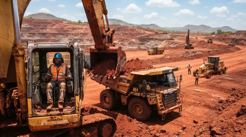 Des opérateurs miniers au travail sur un site d'extraction de bauxite à ciel ouvert en Guinée