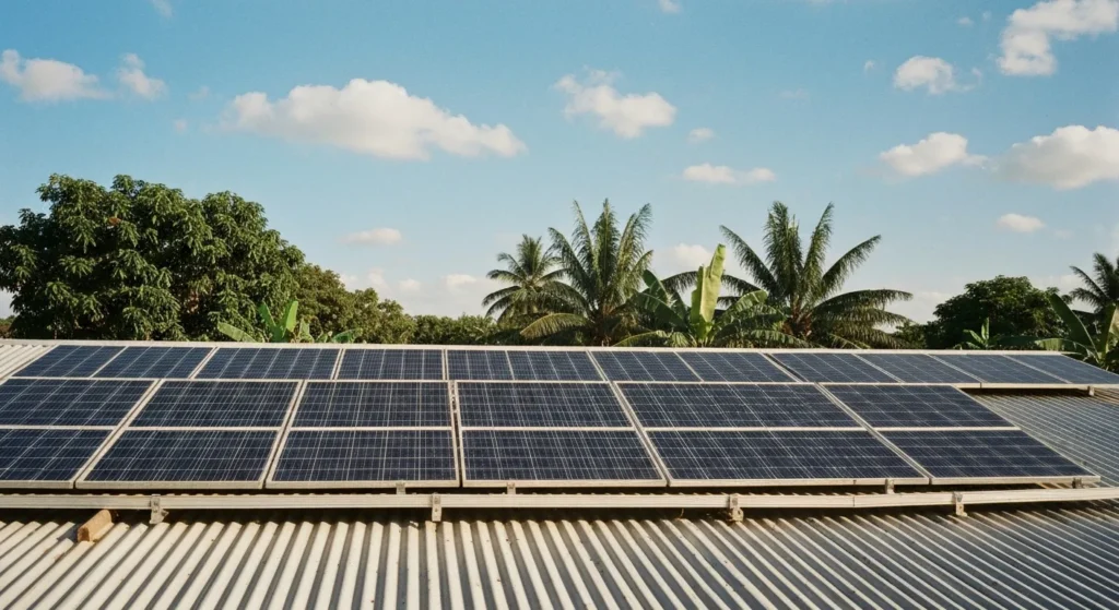 Panneaux solaires installés sur une toiture résidentielle en tôle ondulée, configuration courante en Guinée