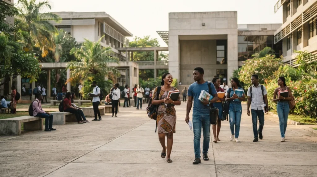 Étudiants sur un campus universitaire en Guinée, entre deux cours de la rentrée académique