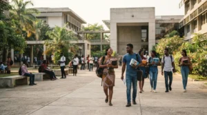 Étudiants sur un campus universitaire en Guinée, entre deux cours de la rentrée académique