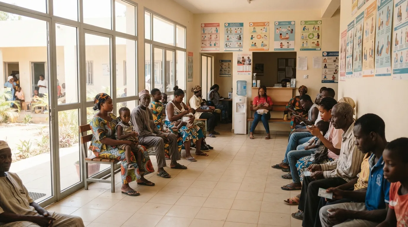 Salle d'attente d'un centre de santé en Guinée : la majorité des patients paient leurs soins directement