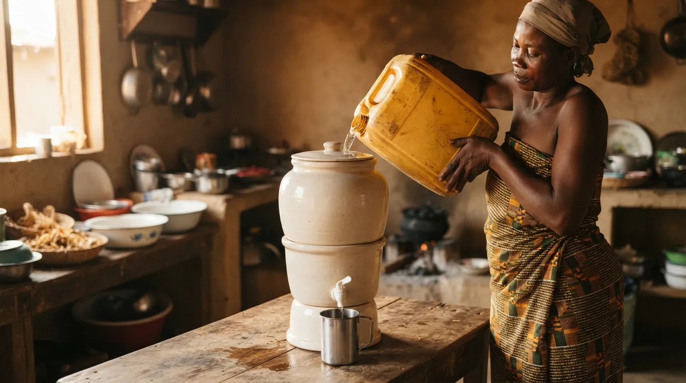 Filtre céramique à usage domestique, solution courante pour le traitement de l'eau en Guinée