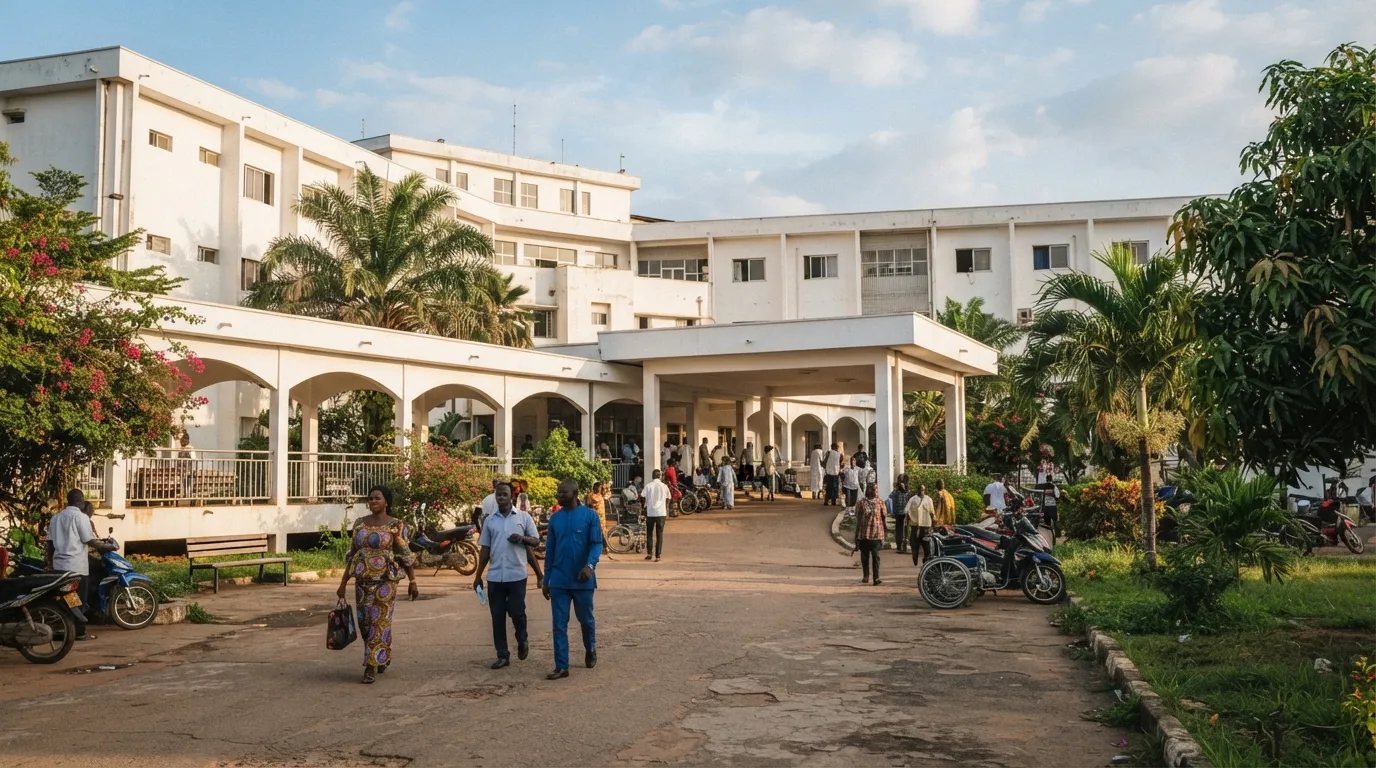 Vue de l'entrée d'un centre hospitalier universitaire à Conakry