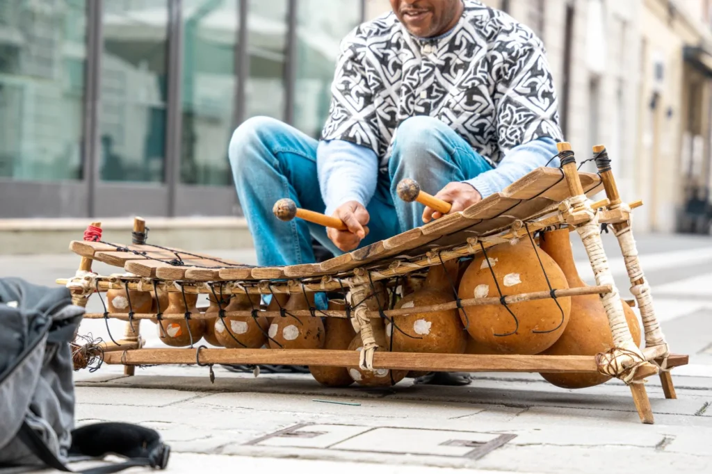 Musicien jouant de la kora lors d'un concert en Guinée