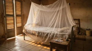 Moustiquaire imprégnée d'insecticide installée dans une chambre en Guinée, première barrière contre le paludisme